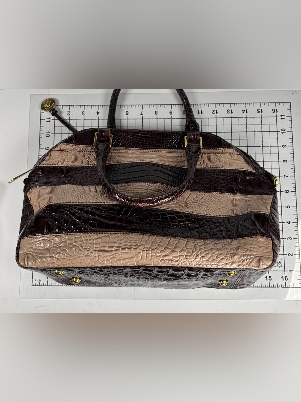 Brahmin Striped Dome Croc-Embossed Satchel Bag in Dark Brown and Beige - Picture 4 of 16